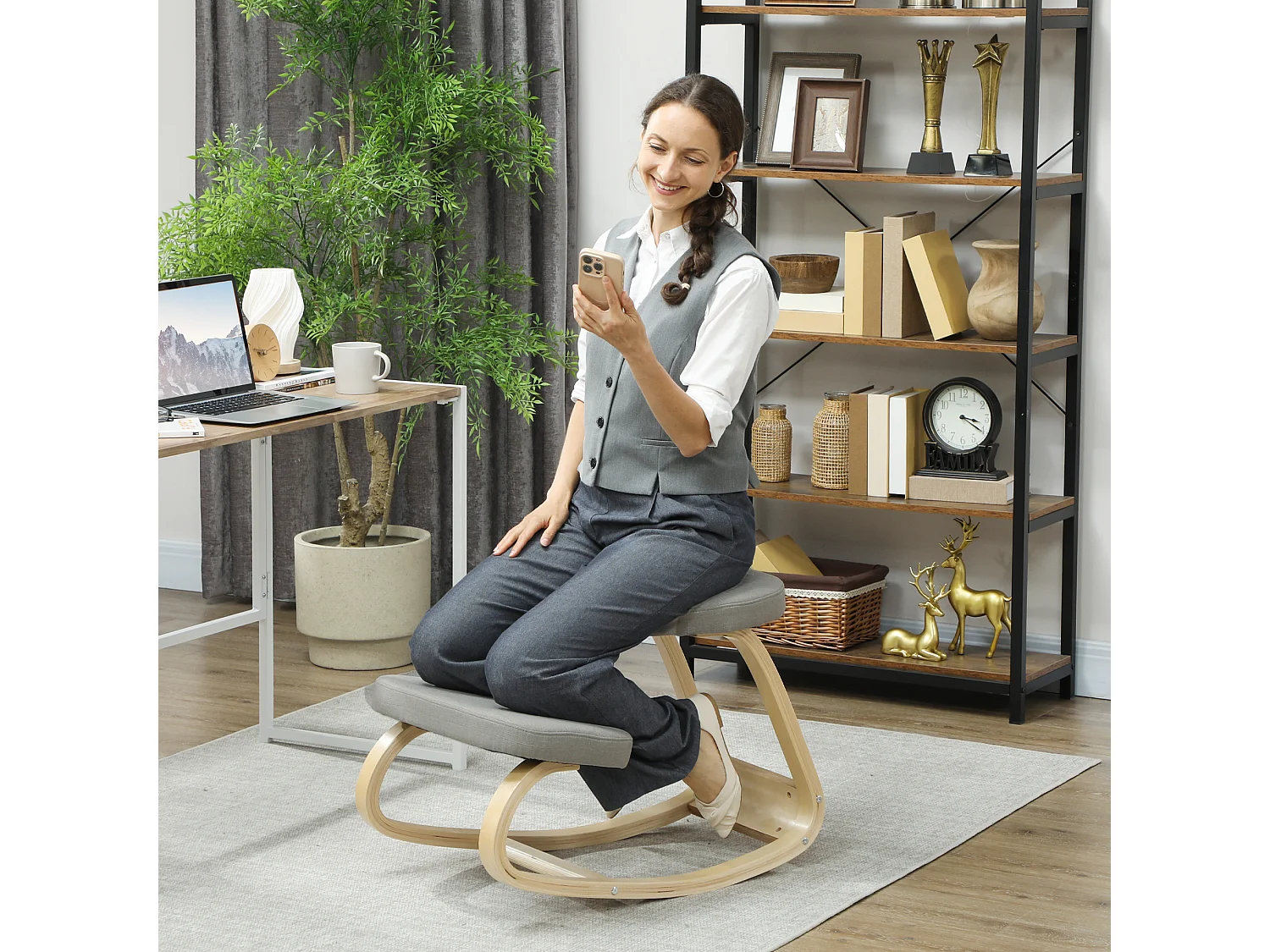 Sedia inginocchiatoio dondolante in tessuto effetto lino legno grigio