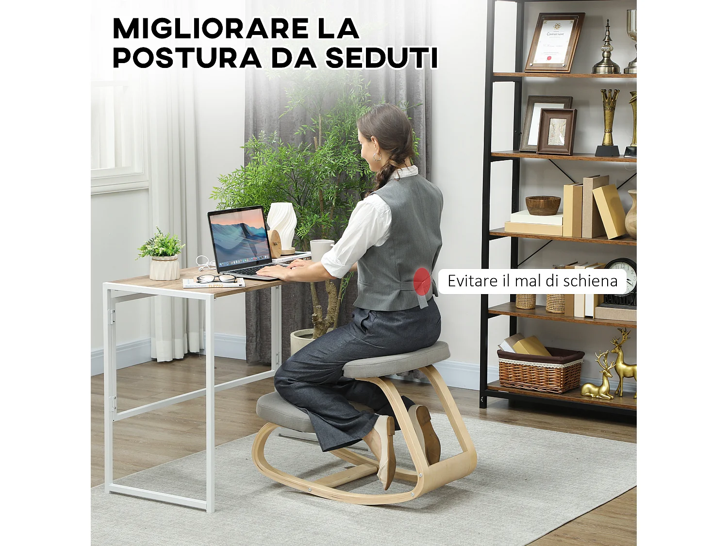 Sedia inginocchiatoio dondolante in tessuto effetto lino legno grigio