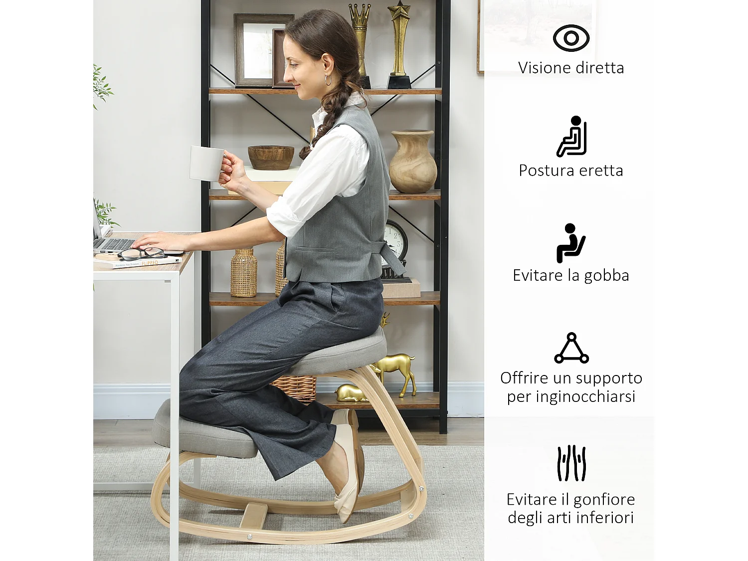 Sedia inginocchiatoio dondolante in tessuto effetto lino legno grigio