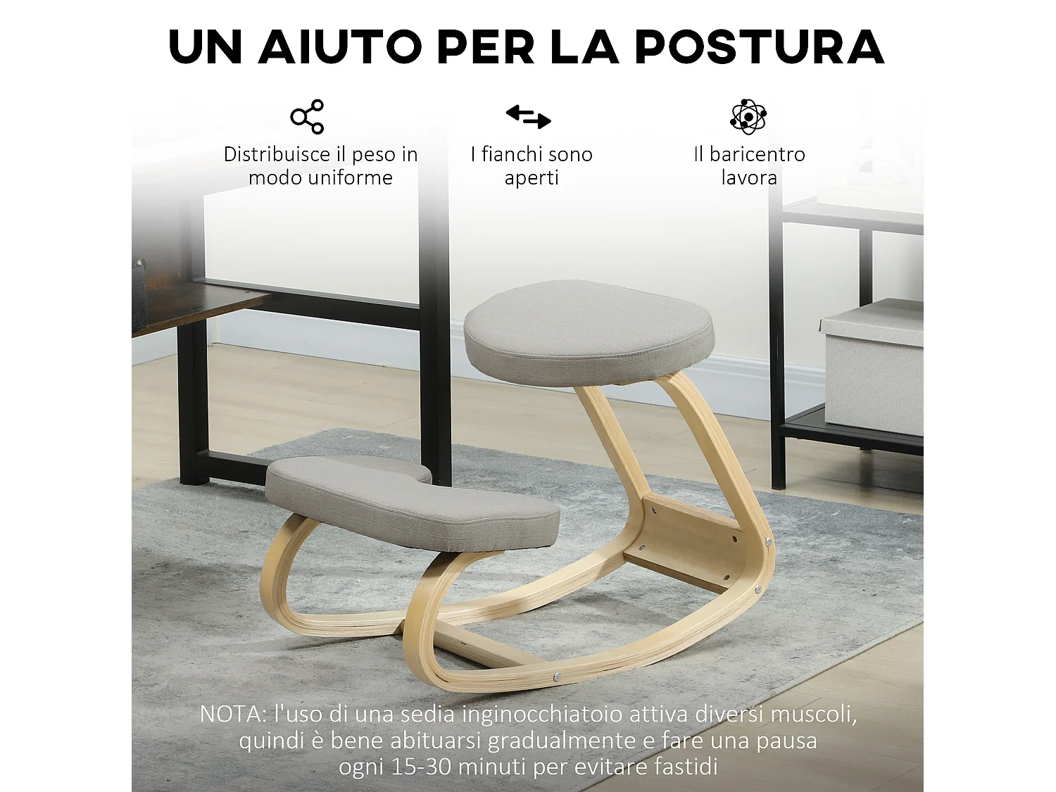 Sedia inginocchiatoio dondolante in tessuto effetto lino legno grigio