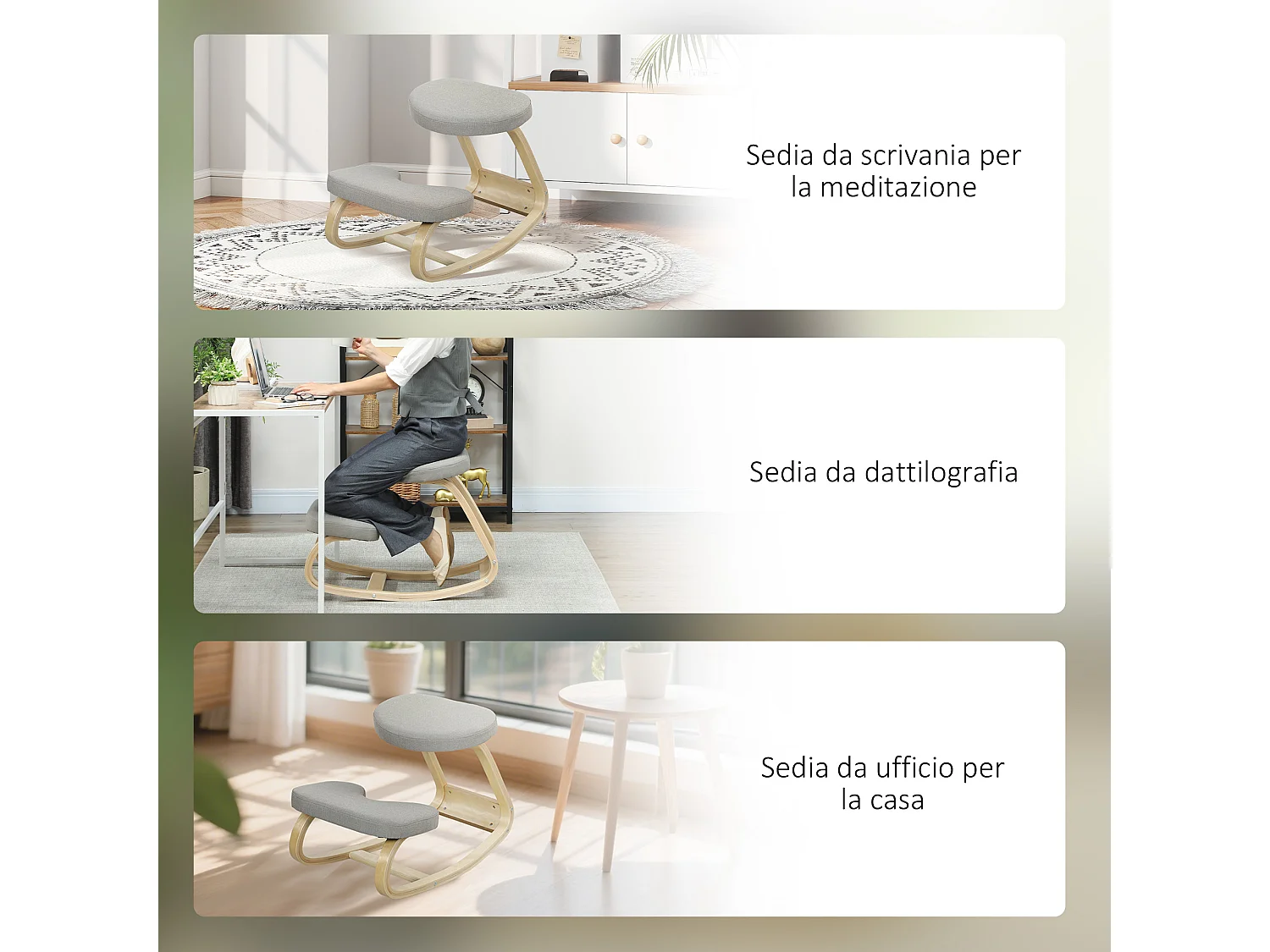 Sedia inginocchiatoio dondolante in tessuto effetto lino legno grigio