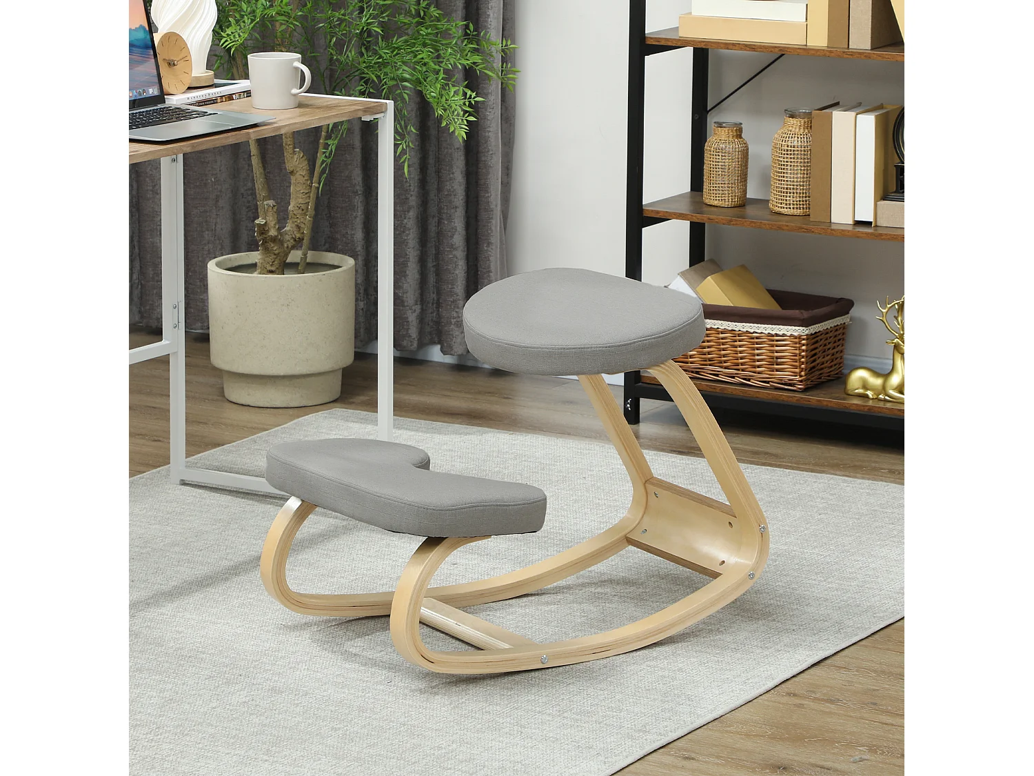 Sedia inginocchiatoio dondolante in tessuto effetto lino legno grigio