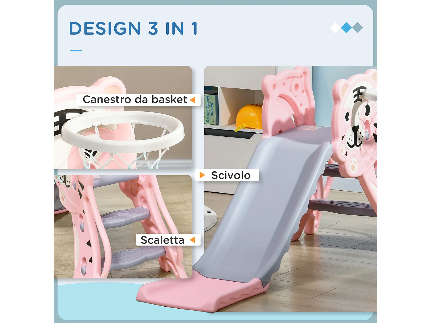 Scivolo per bimbi 18-36 mesi con canestro basket laterale rosa grigio