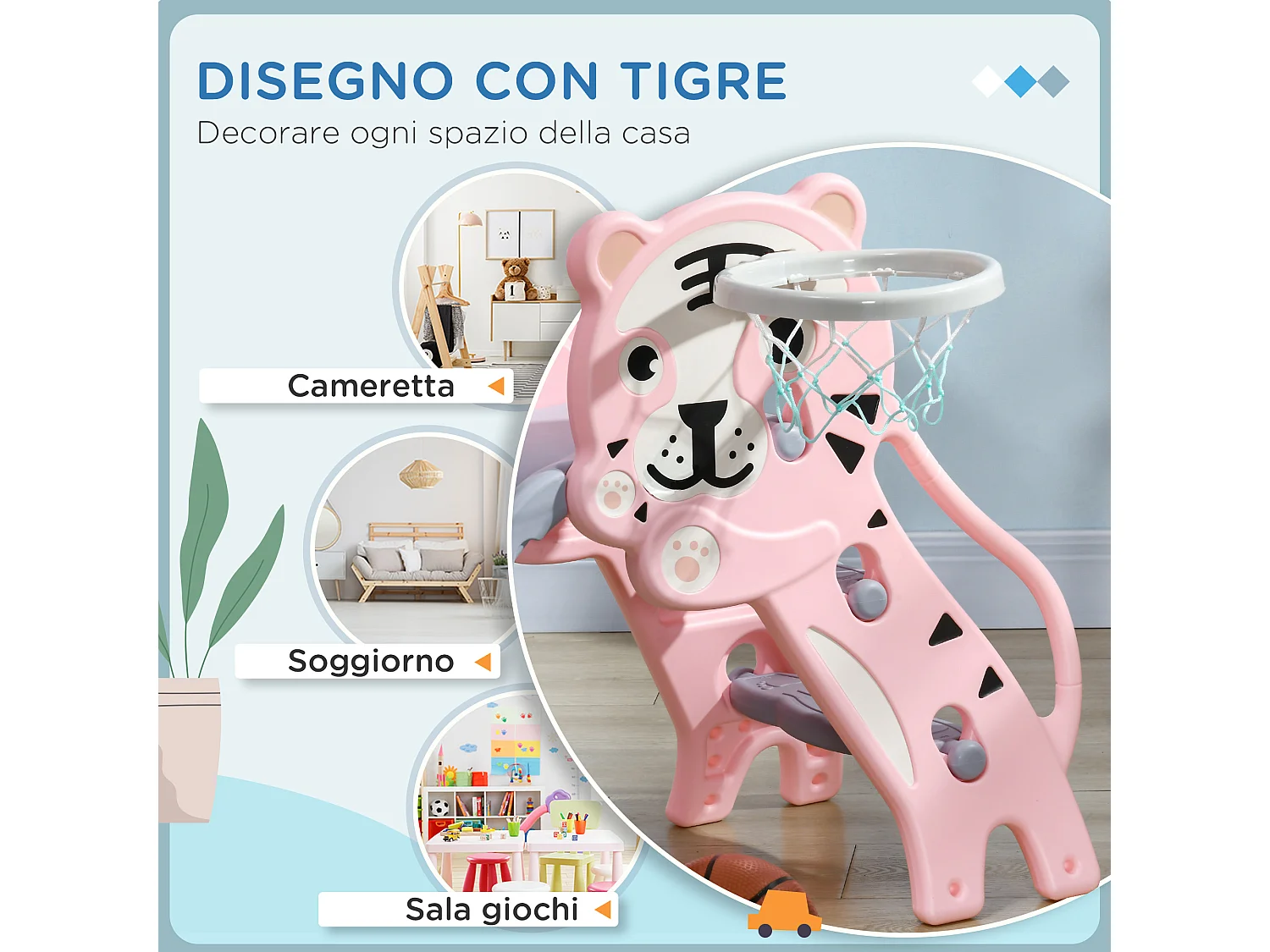 Scivolo per bimbi 18-36 mesi con canestro basket laterale rosa grigio