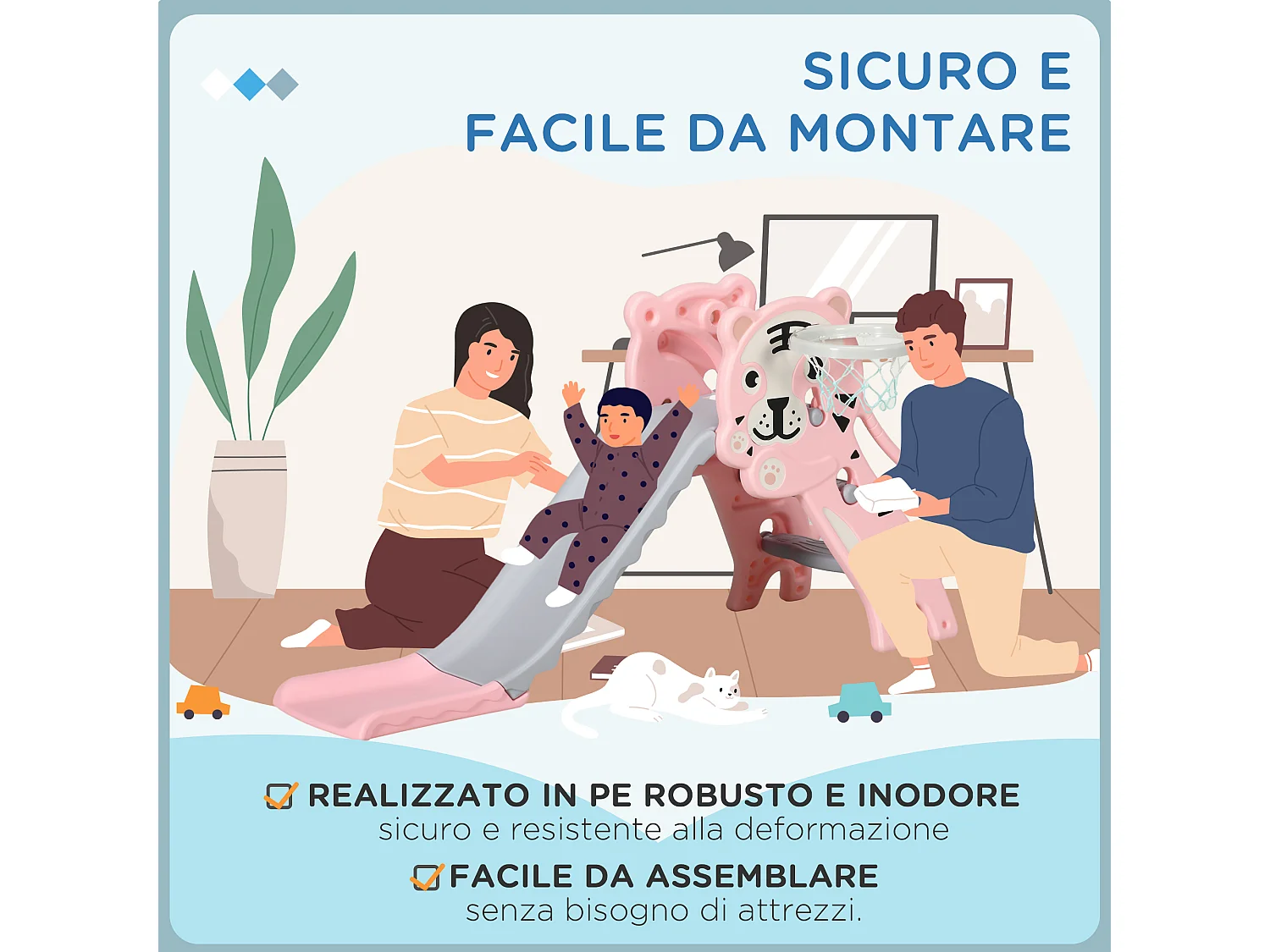 Scivolo per bimbi 18-36 mesi con canestro basket laterale rosa grigio