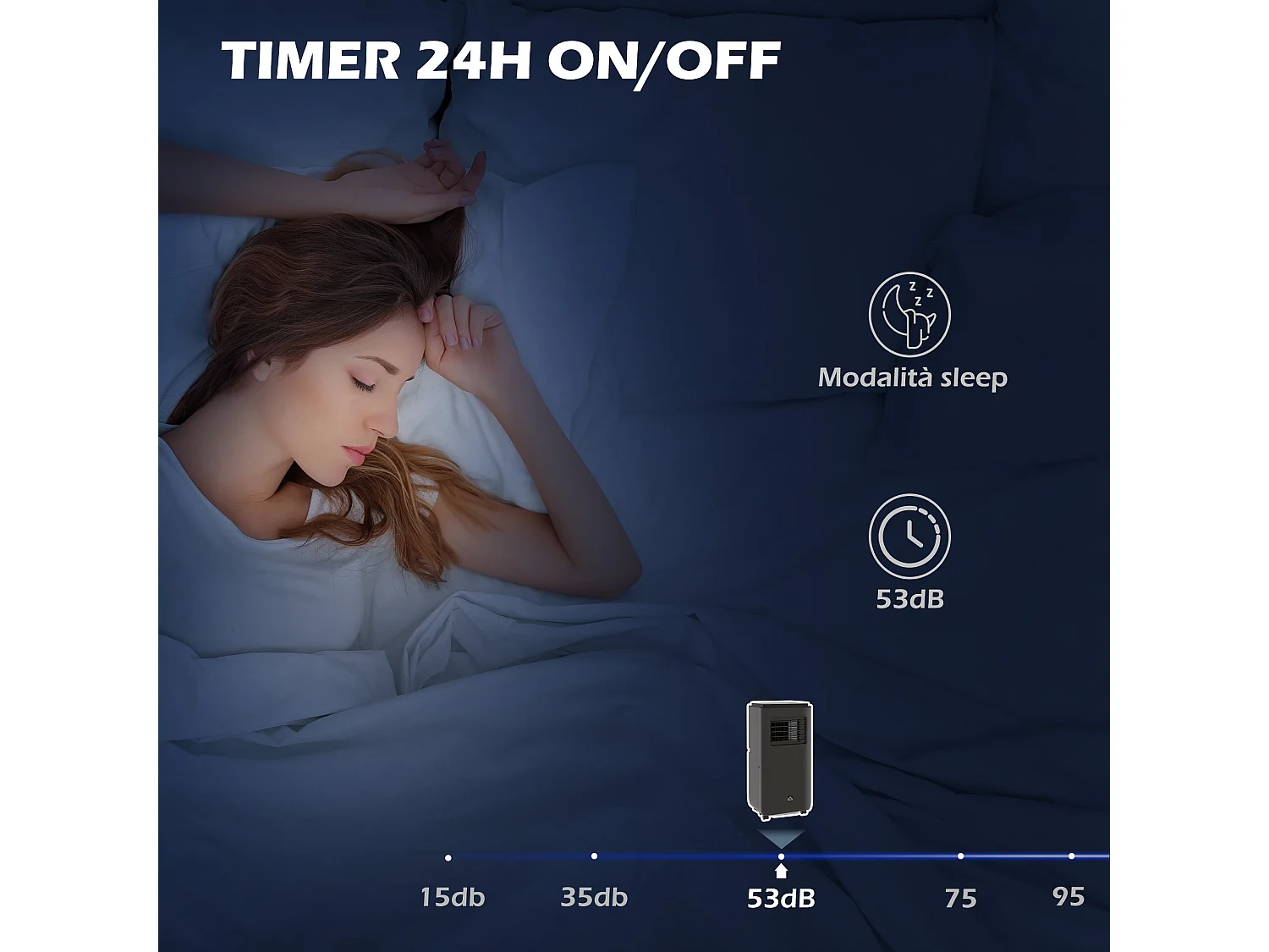 Condizionatore portatile 9000btu 2.6kw con 5 modalità, 3 velocità e timer 24h