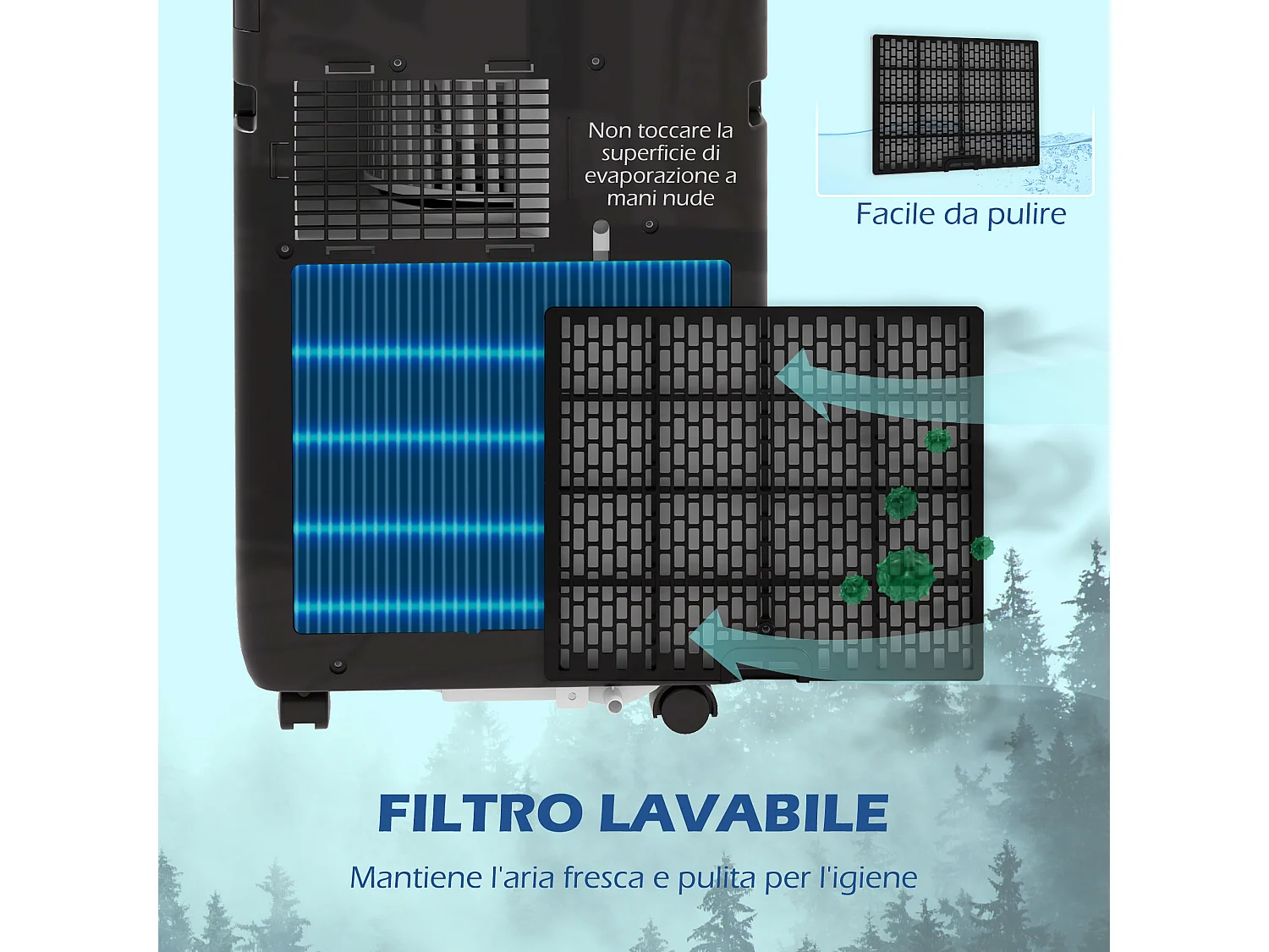 Condizionatore portatile 9000btu 2.6kw con 5 modalità, 3 velocità e timer 24h
