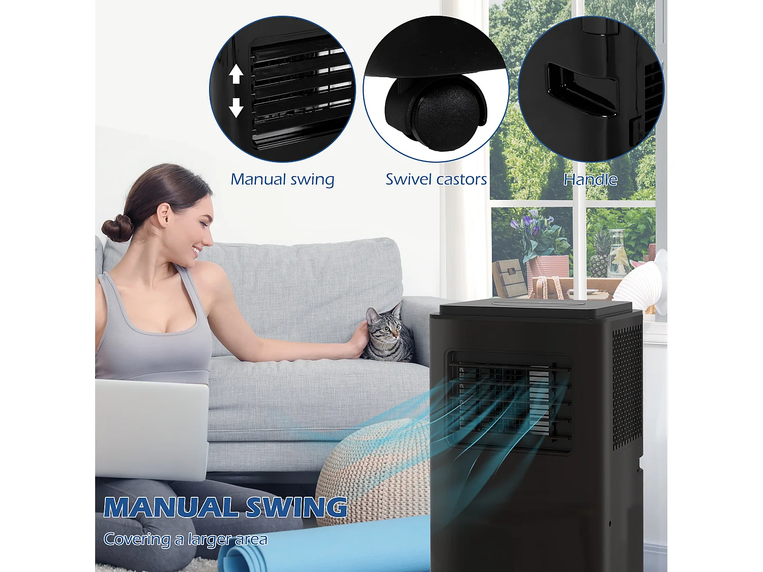 Condizionatore portatile 9000btu 2.6kw con 5 modalità, 3 velocità e timer 24h