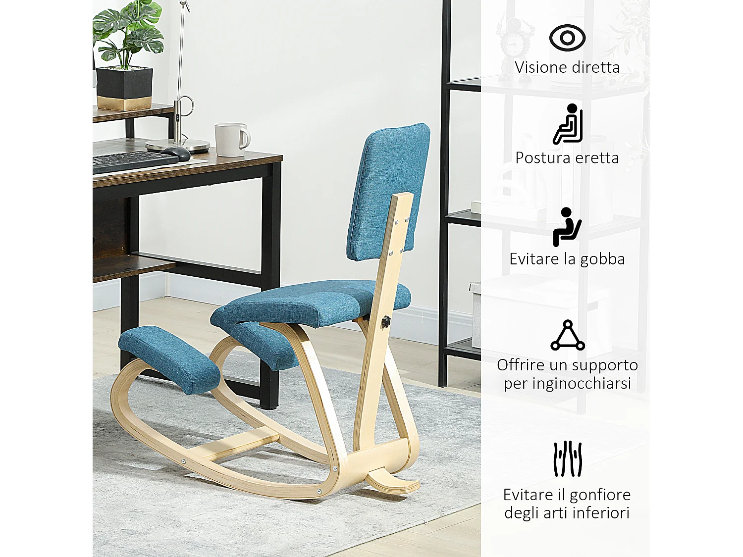 Sedia inginocchiatoio in tessuto effetto lino e legno blu scuro