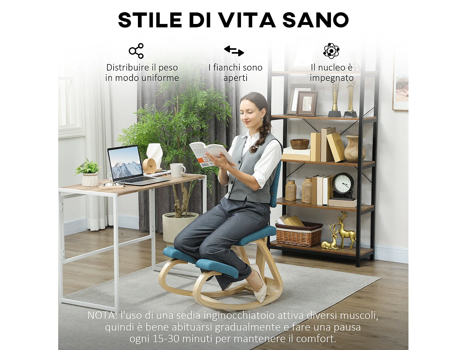 Sedia inginocchiatoio in tessuto effetto lino e legno blu scuro