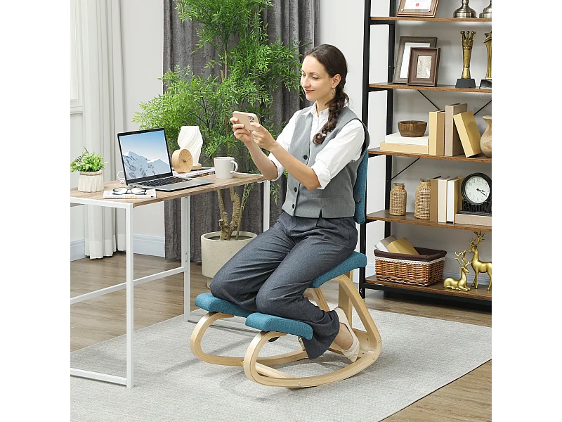 Sedia inginocchiatoio in tessuto effetto lino e legno blu scuro