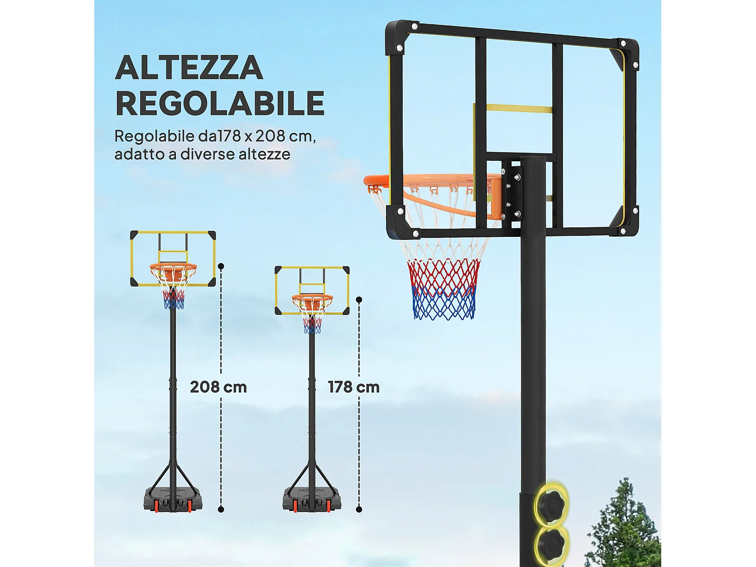 Canestro basket per adulti regolabile con ruote giallo