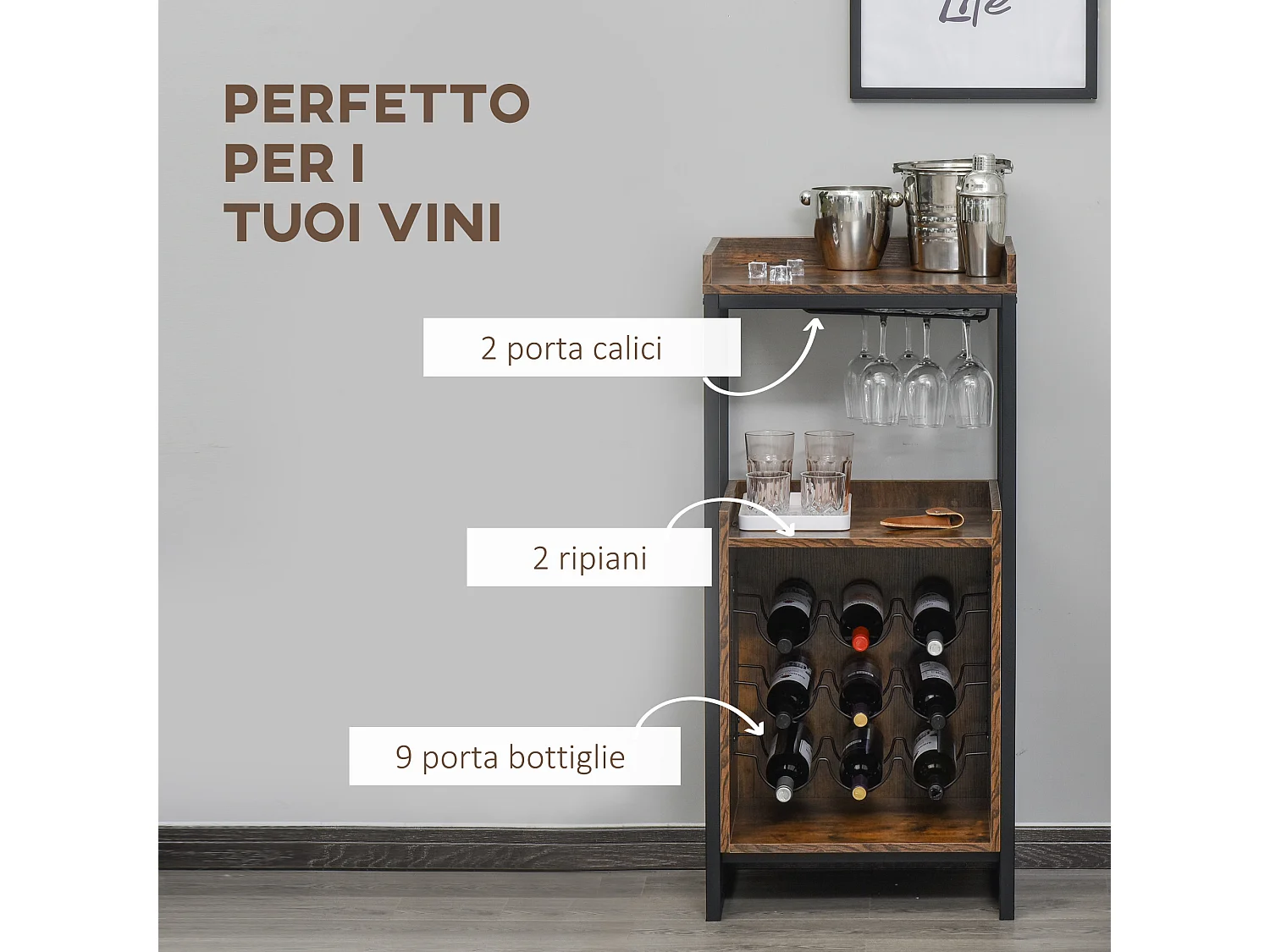 Mobile portabottiglie per 9 vini con portacalici in stile industriale