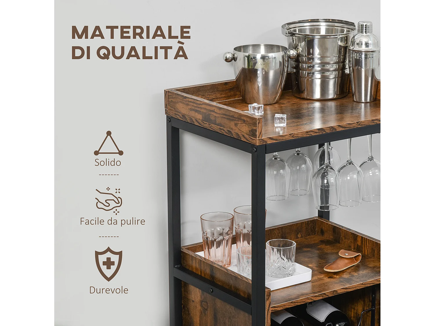 Mobile portabottiglie per 9 vini con portacalici in stile industriale