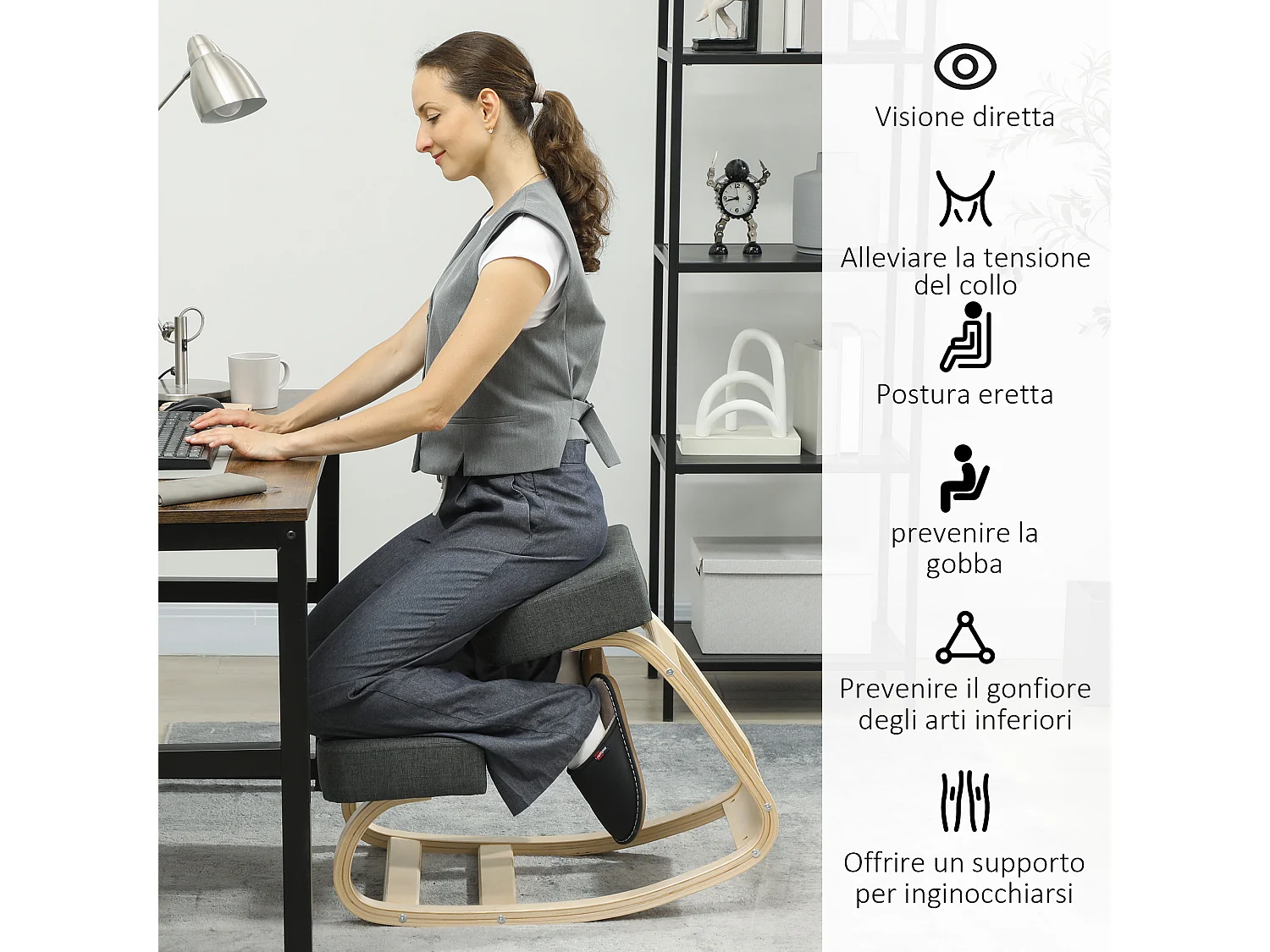 Sedia inginocchiatoio ergonomica in betulla e cuscino grigio