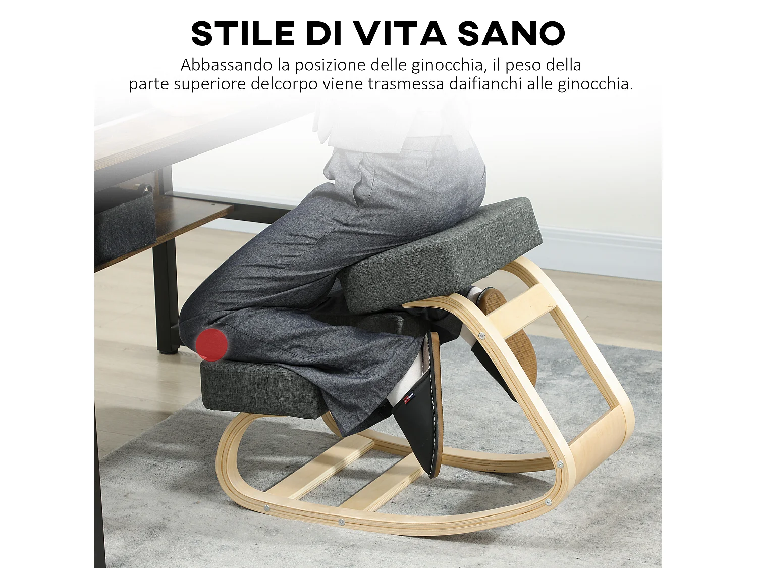 Sedia inginocchiatoio ergonomica in betulla e cuscino grigio