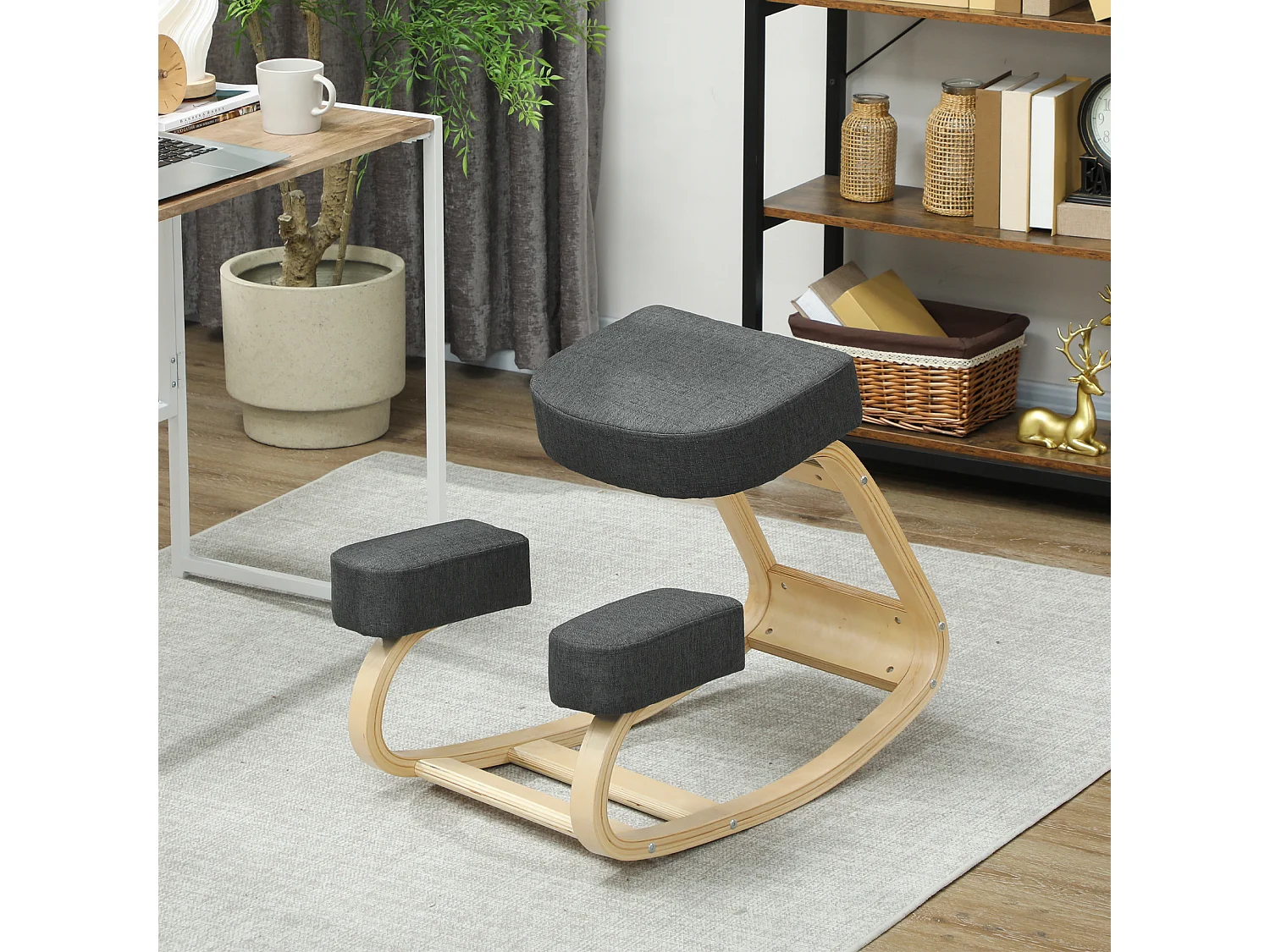 Sedia inginocchiatoio ergonomica in betulla e cuscino grigio