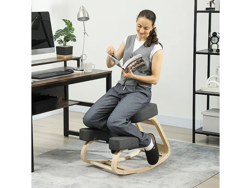 Sedia inginocchiatoio ergonomica in betulla e cuscino grigio