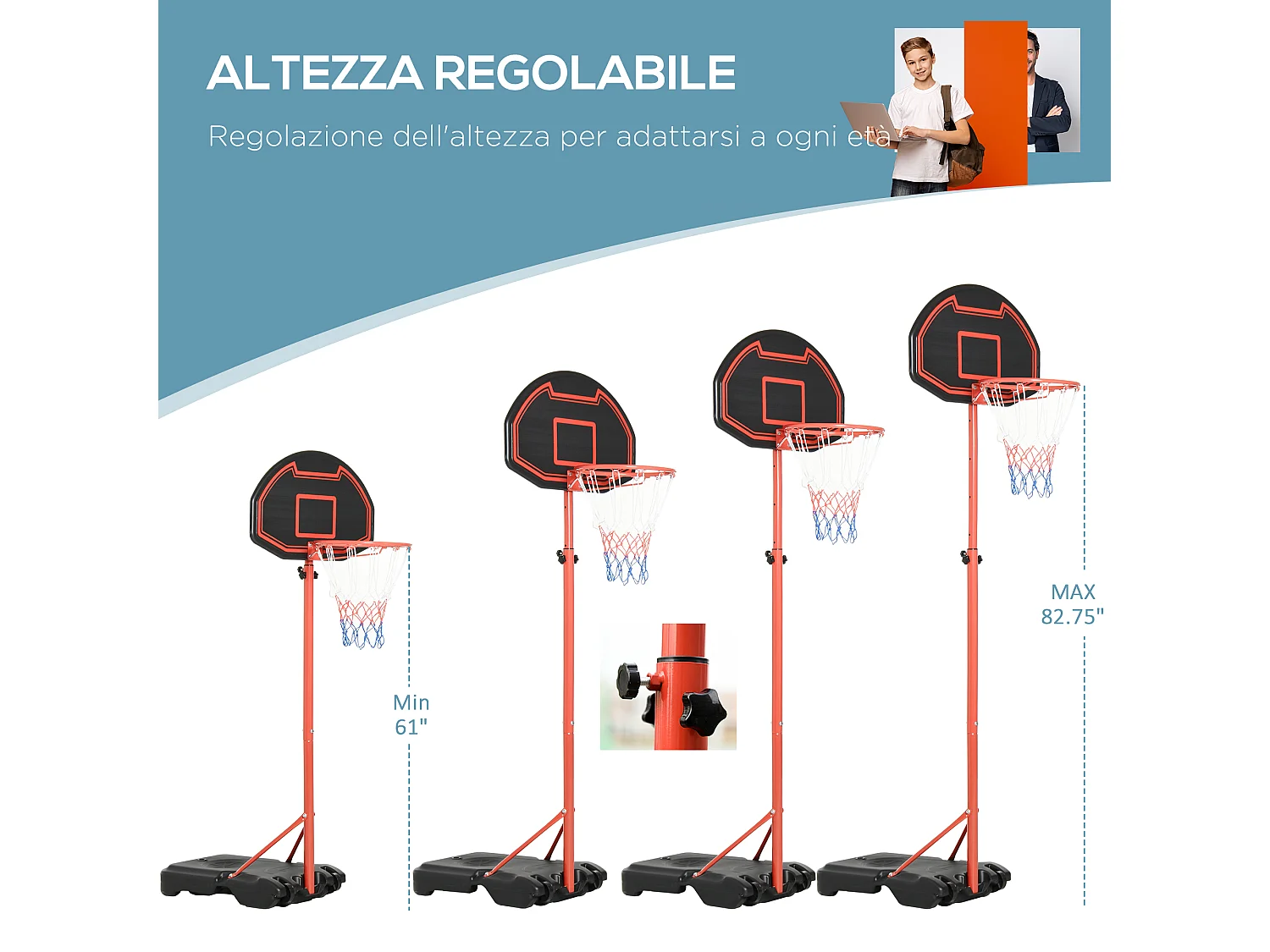 Canestro Portatile da Basket con Altezza Regolabile