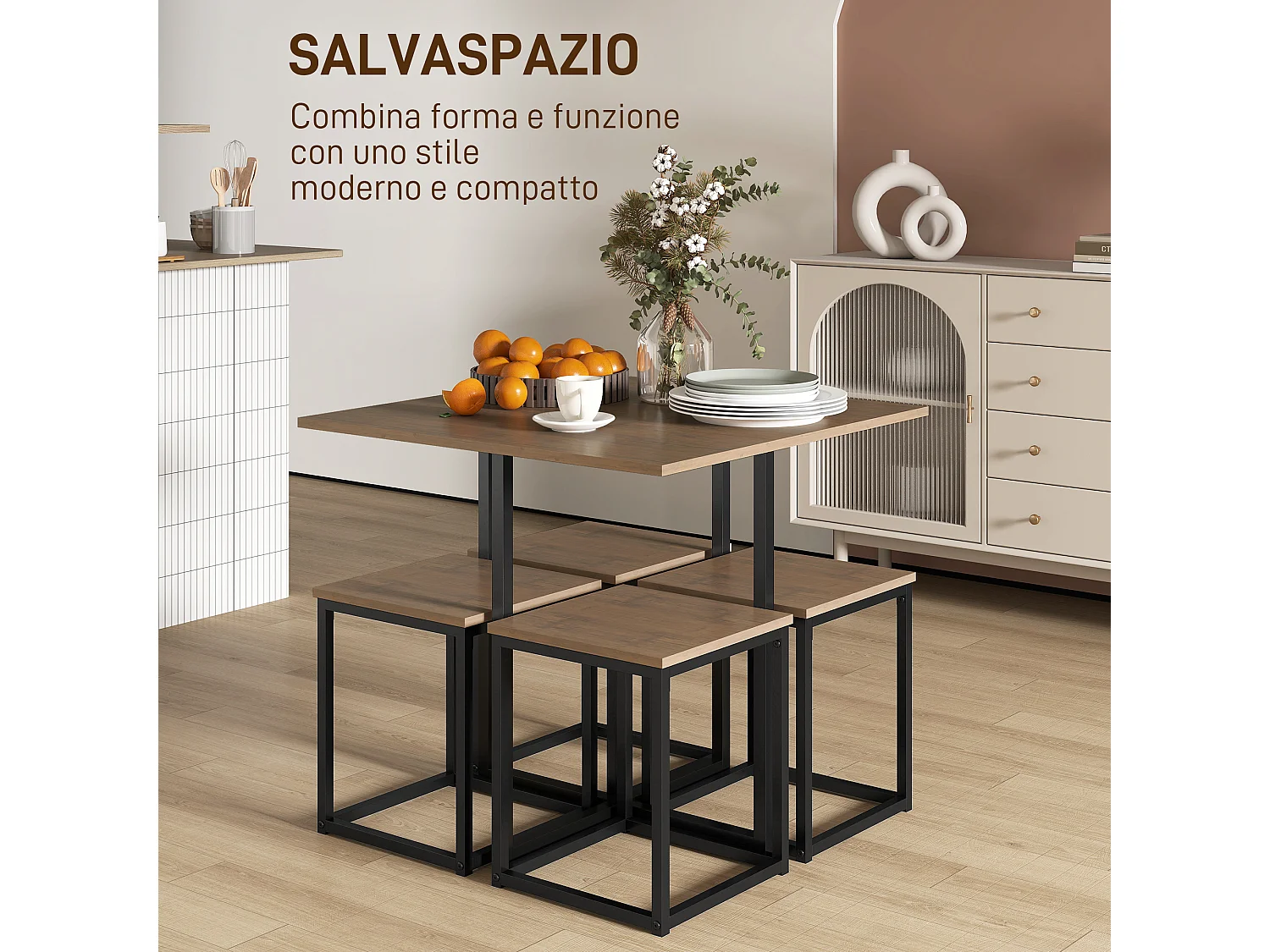 Set 5 pezzi tavolo con sgabelli da pranzo nero e color legno