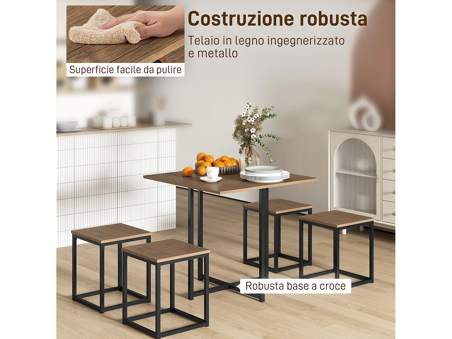 Set 5 pezzi tavolo con sgabelli da pranzo nero e color legno