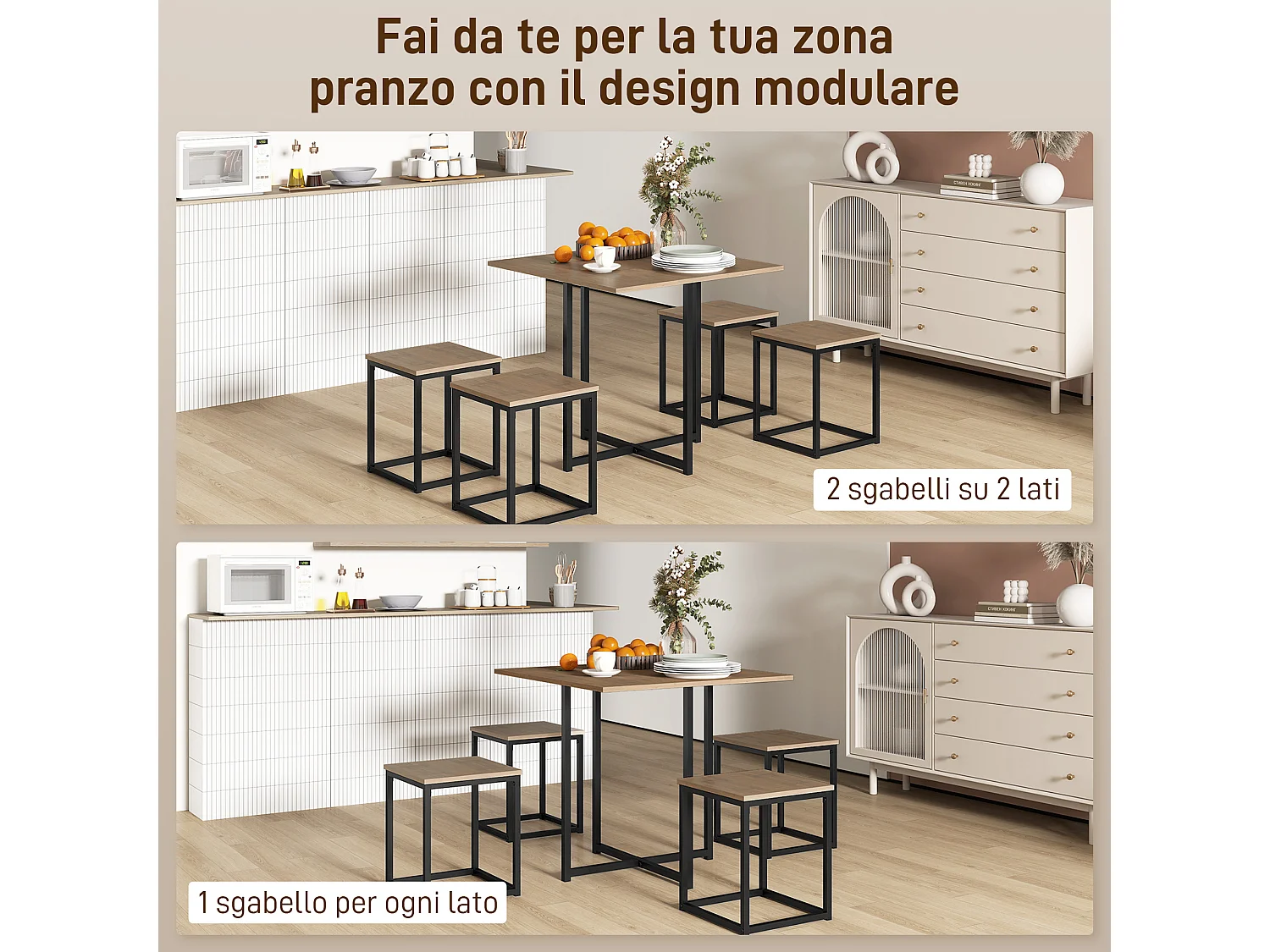 Set 5 pezzi tavolo con sgabelli da pranzo nero e color legno