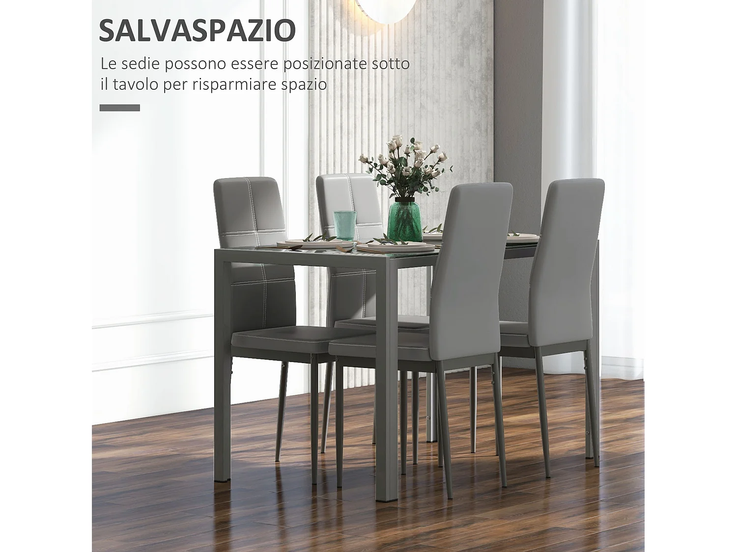 Set da pranzo grigio 5 pezzi rettangolare con 1 tavolo 4 sedie moderne