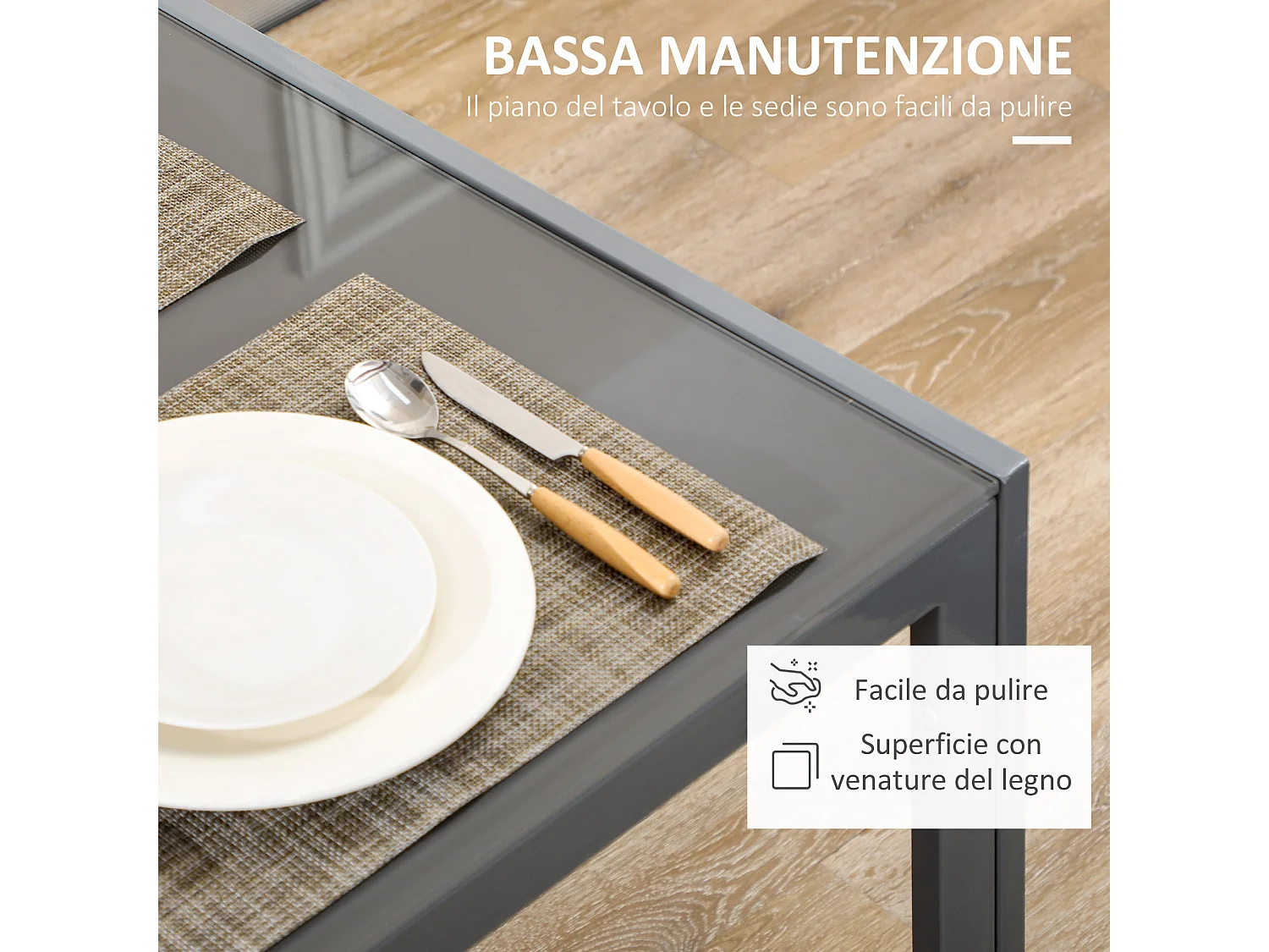Set da pranzo grigio 5 pezzi rettangolare con 1 tavolo 4 sedie moderne