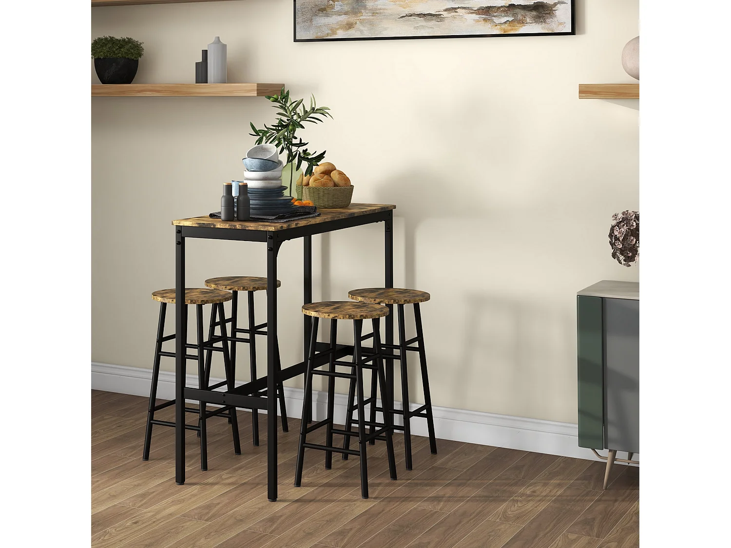 Set 5pz tavolo rettangolare e 4 sgabelli in mdf e acciaio