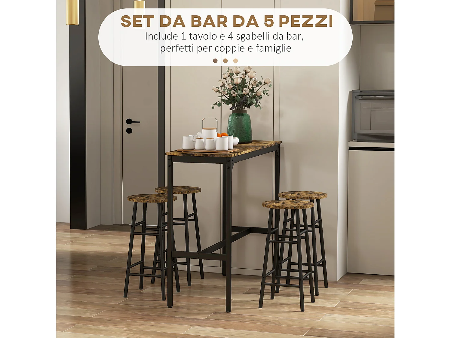 Set 5pz tavolo rettangolare e 4 sgabelli in mdf e acciaio