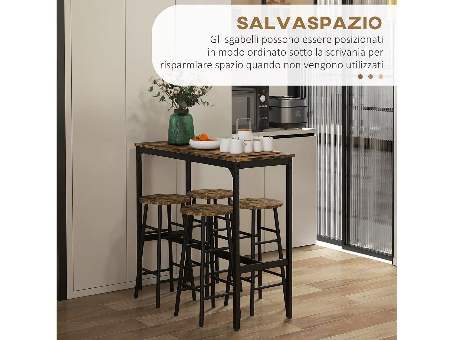 Set 5pz tavolo rettangolare e 4 sgabelli in mdf e acciaio