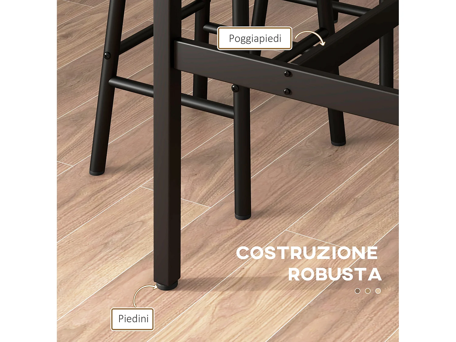 Set 5pz tavolo rettangolare e 4 sgabelli in mdf e acciaio