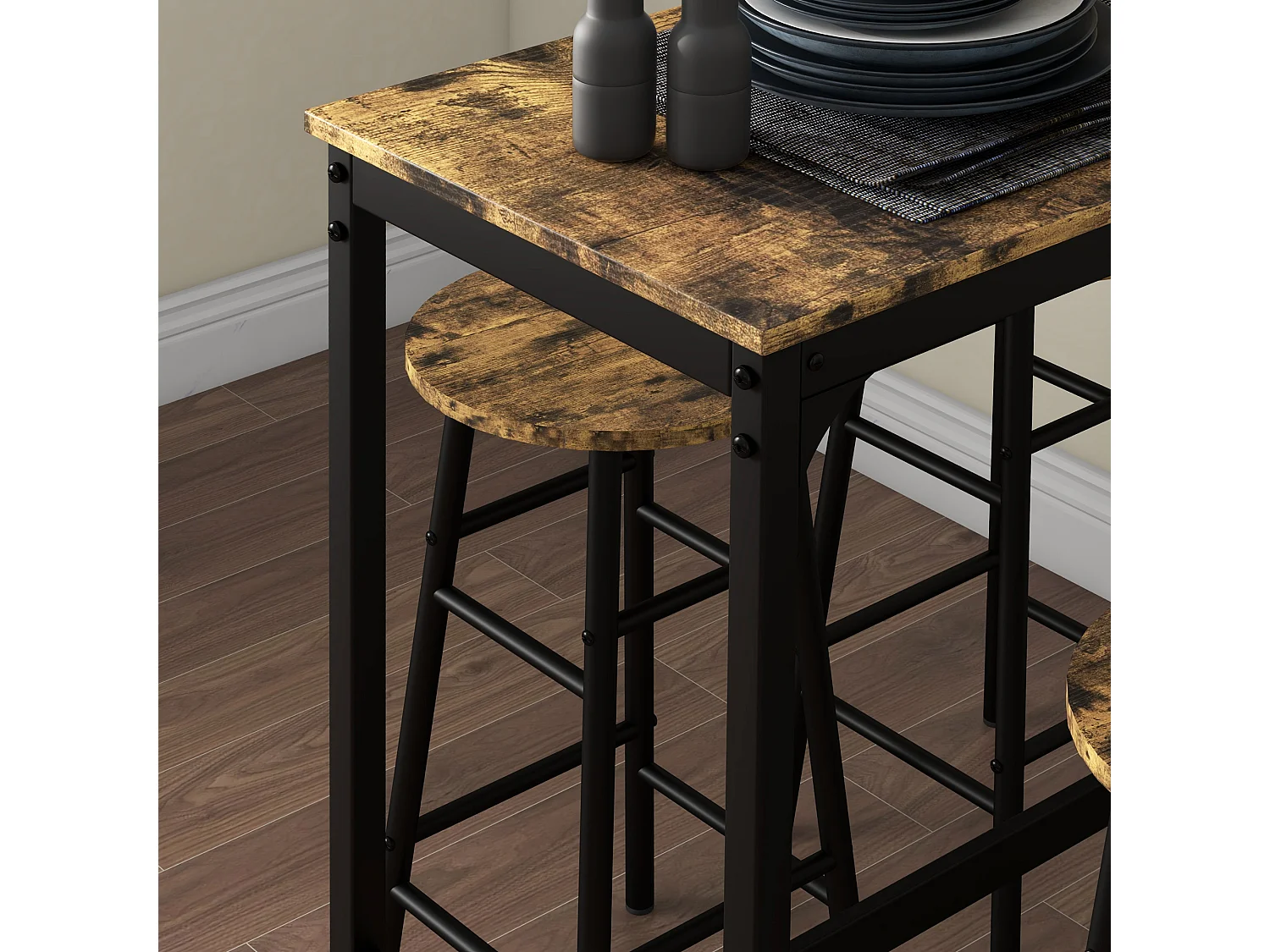 Set 5pz tavolo rettangolare e 4 sgabelli in mdf e acciaio