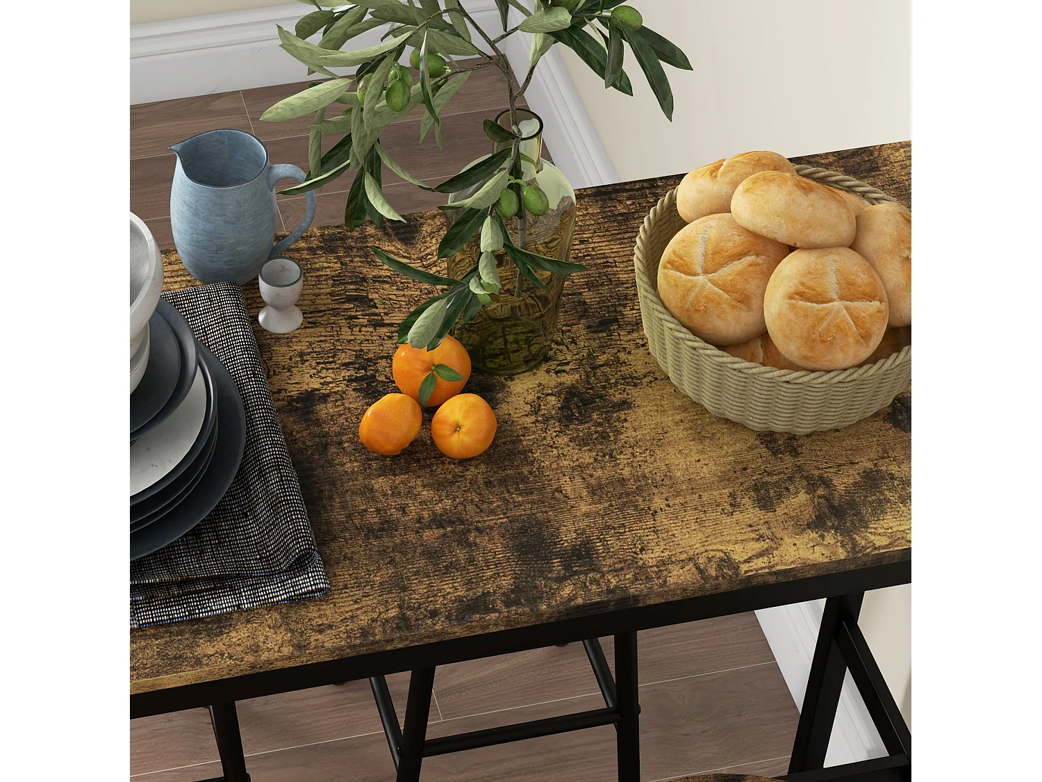 Set 5pz tavolo rettangolare e 4 sgabelli in mdf e acciaio