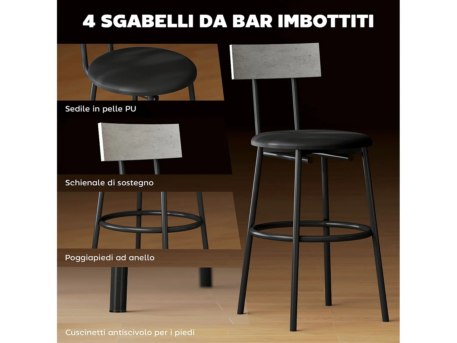 Set tavolo bar con 4 sgabelli con imbottitura pelle pu