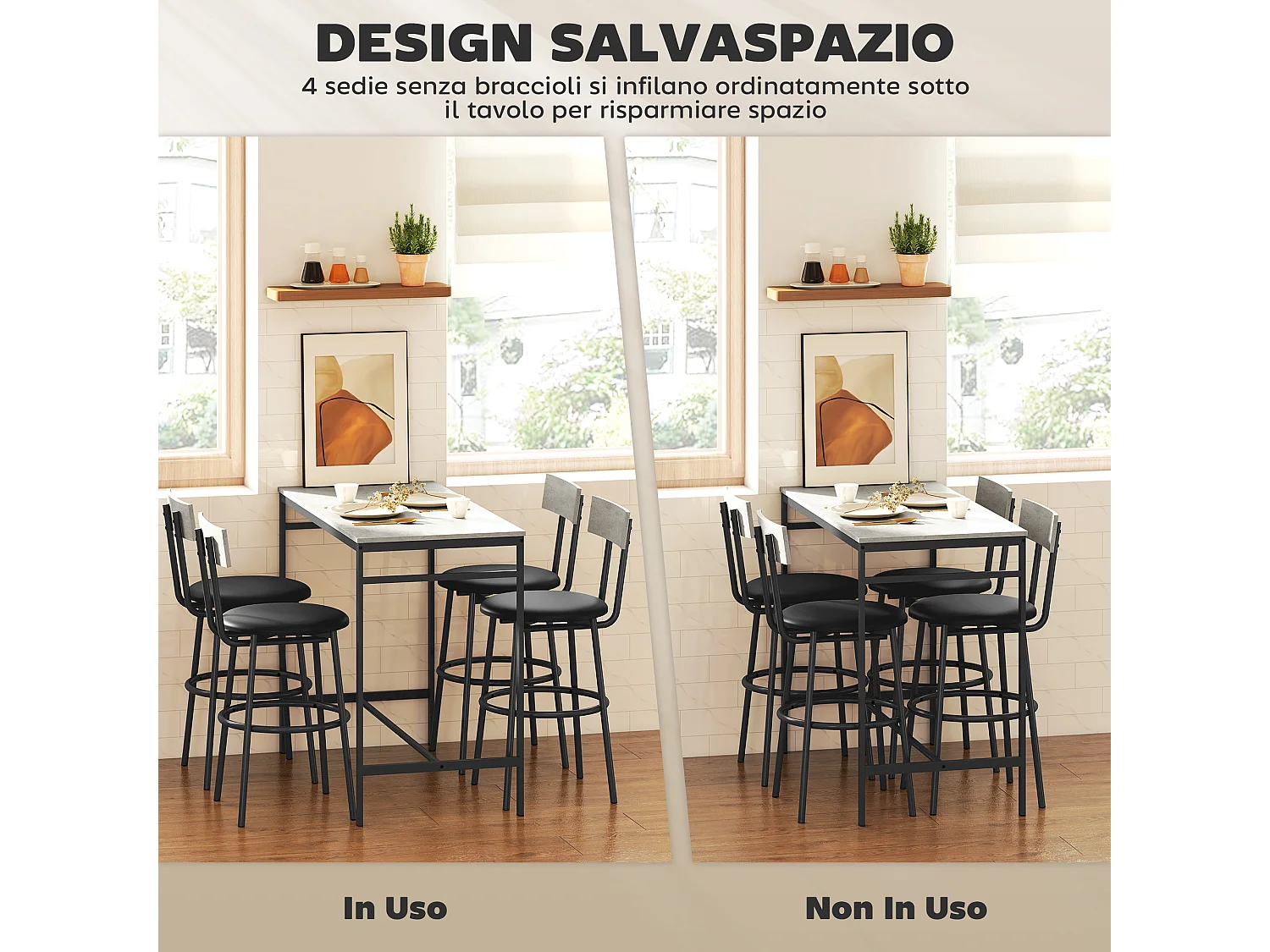 Set tavolo bar con 4 sgabelli con imbottitura pelle pu
