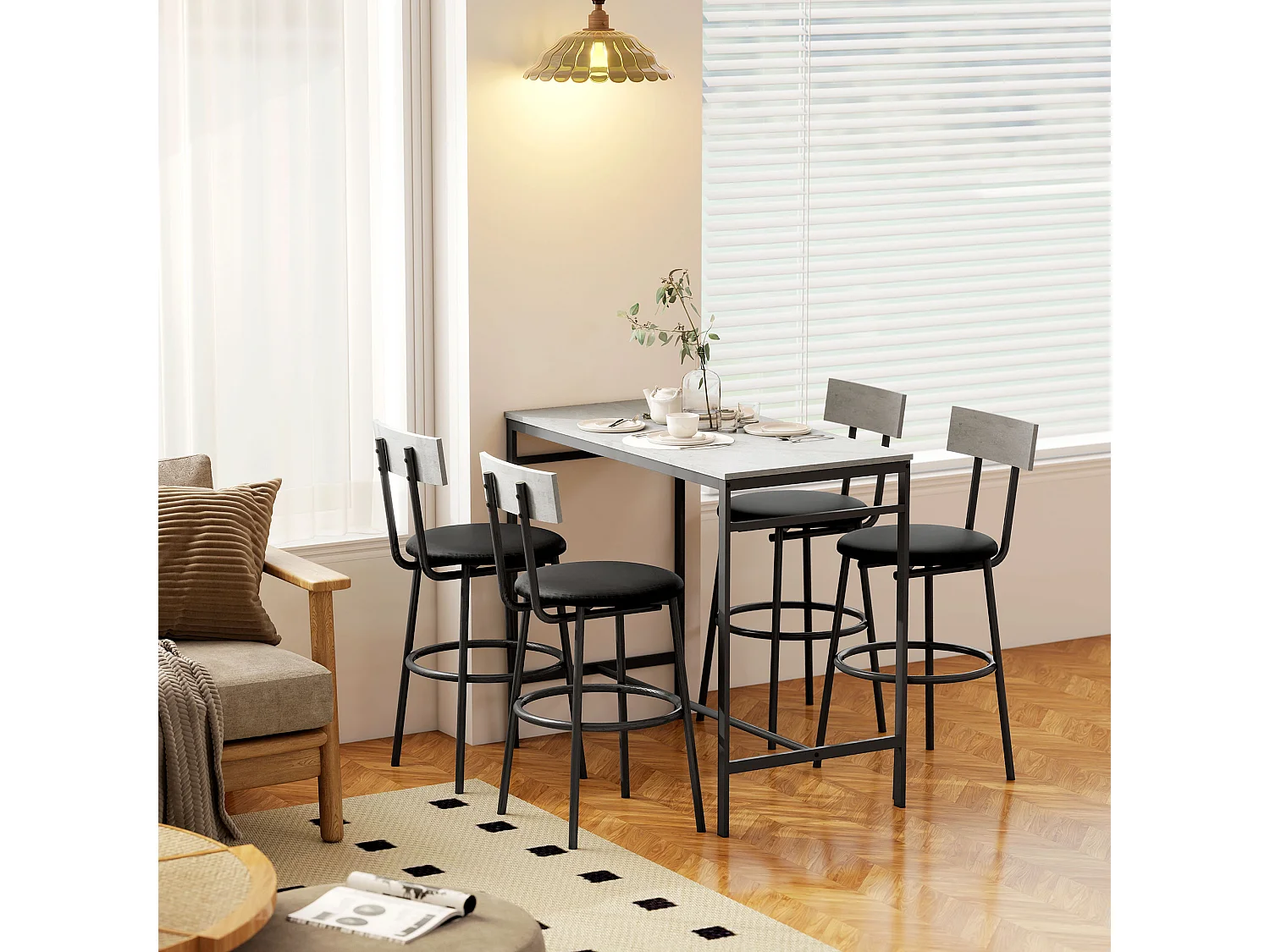 Set tavolo bar con 4 sgabelli con imbottitura pelle pu