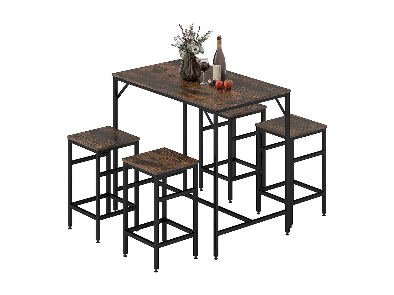 Set tavolo alto con 4 sgabelli in metallo e legno marrone rustico