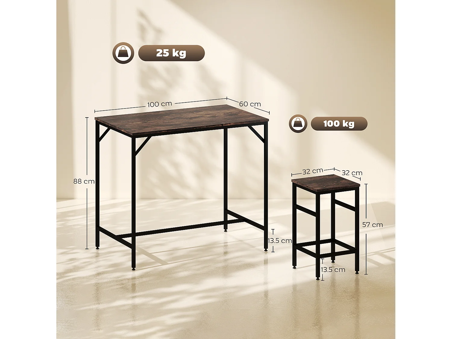 Set tavolo alto con 4 sgabelli in metallo e legno marrone rustico