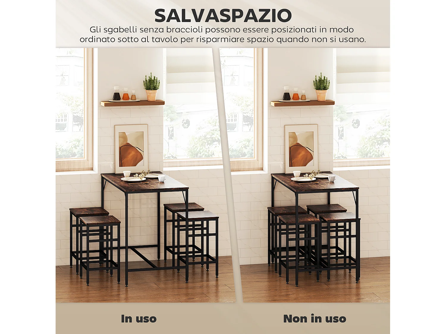 Set tavolo alto con 4 sgabelli in metallo e legno marrone rustico