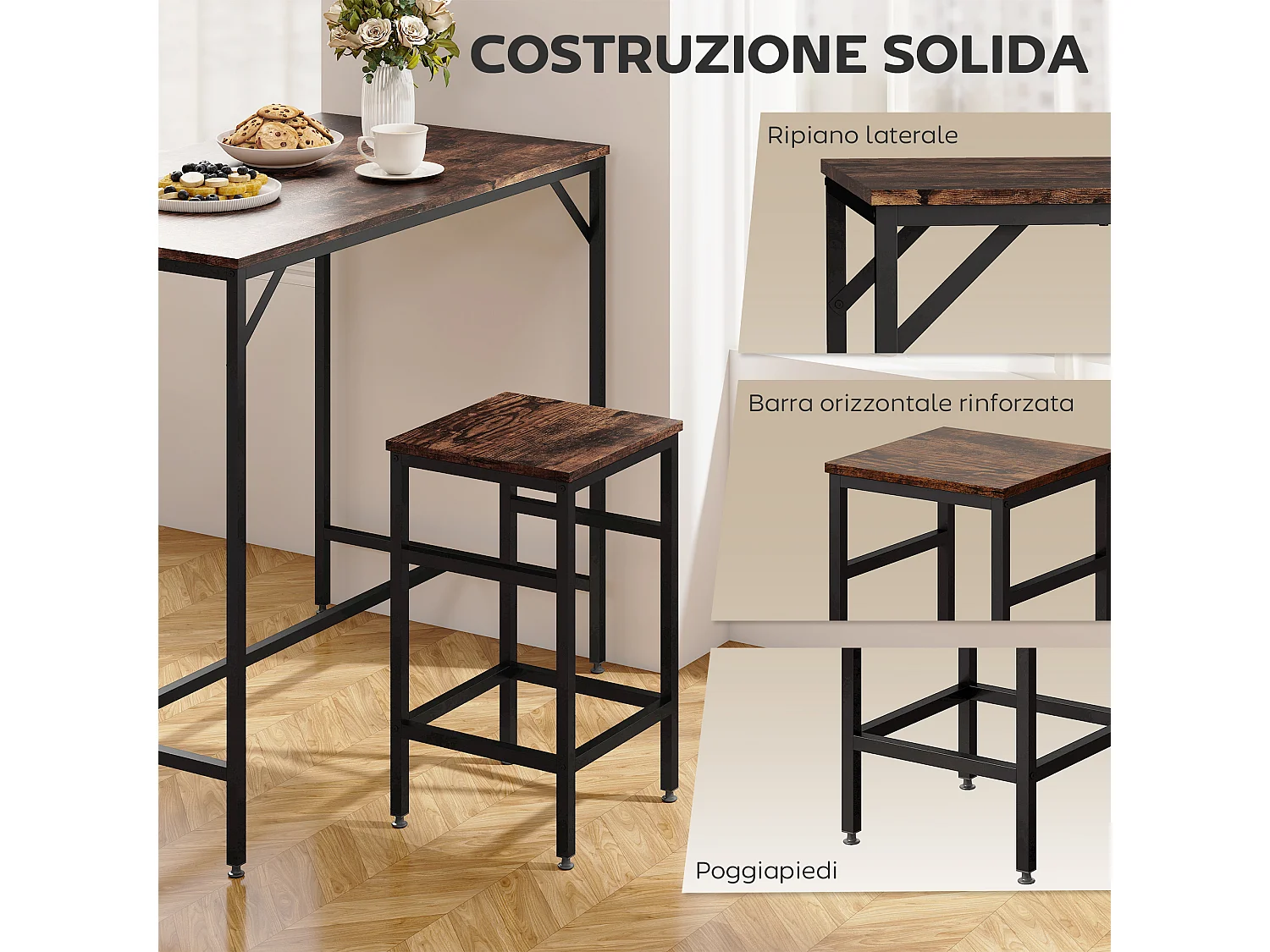 Set tavolo alto con 4 sgabelli in metallo e legno marrone rustico