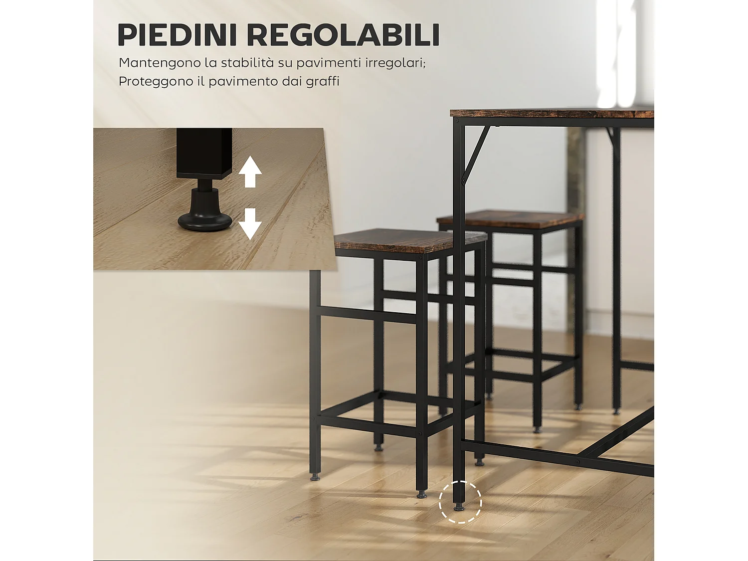 Set tavolo alto con 4 sgabelli in metallo e legno marrone rustico