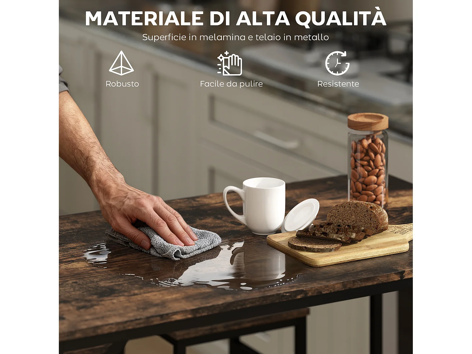 Set tavolo alto con 4 sgabelli in metallo e legno marrone rustico