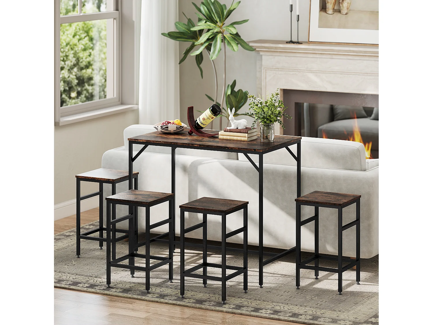 Set tavolo alto con 4 sgabelli in metallo e legno marrone rustico