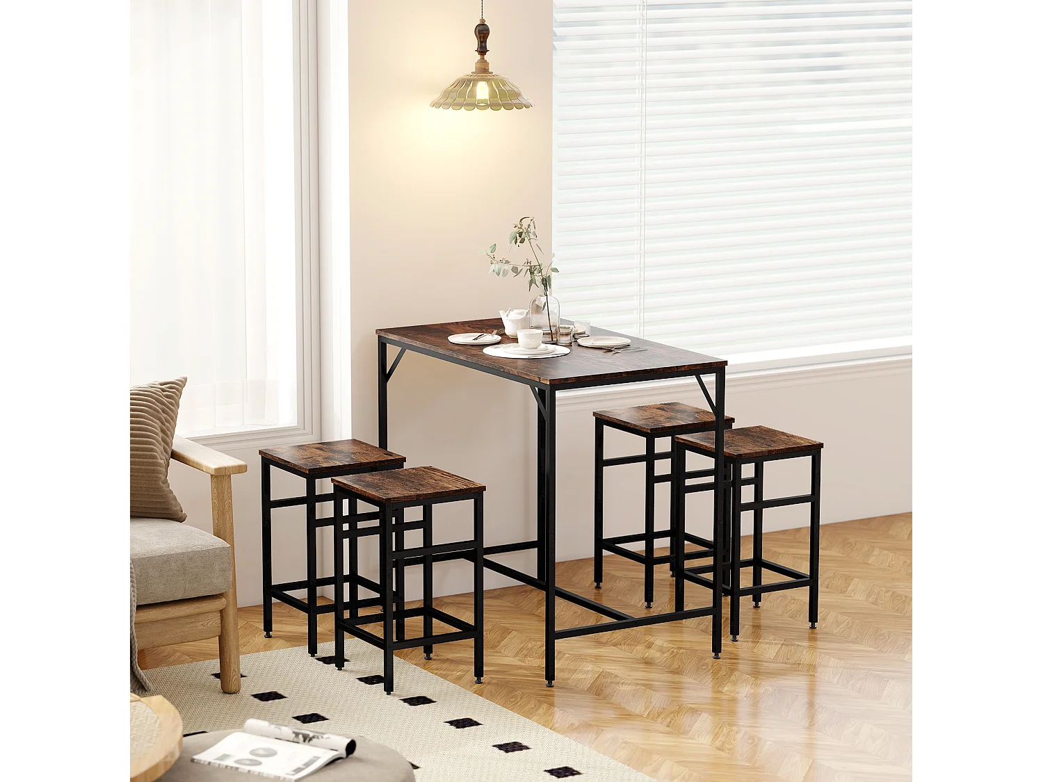 Set tavolo alto con 4 sgabelli in metallo e legno marrone rustico