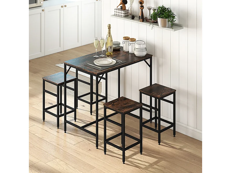Set tavolo alto con 4 sgabelli in metallo e legno marrone rustico