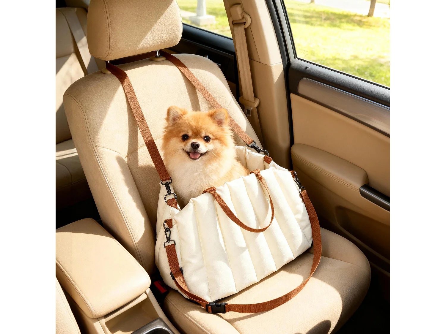 Seggiolino auto per cani piccoli antiscivolo con guinzaglio crema