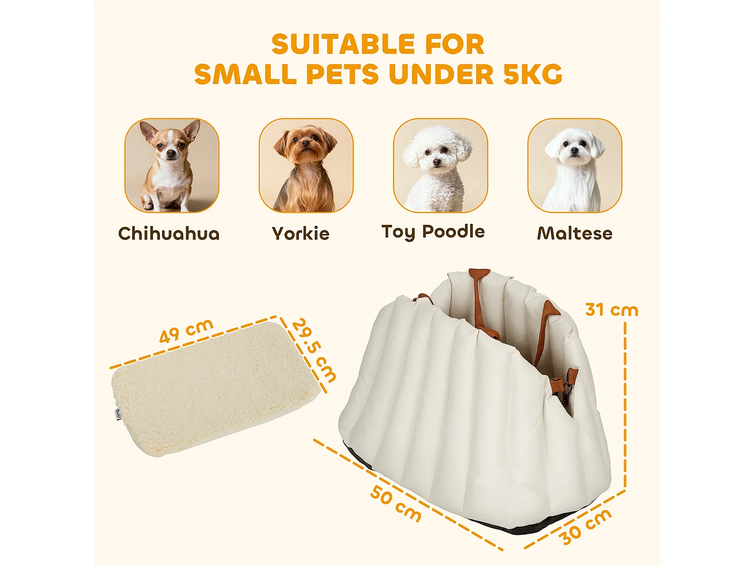 Seggiolino auto per cani piccoli antiscivolo con guinzaglio crema