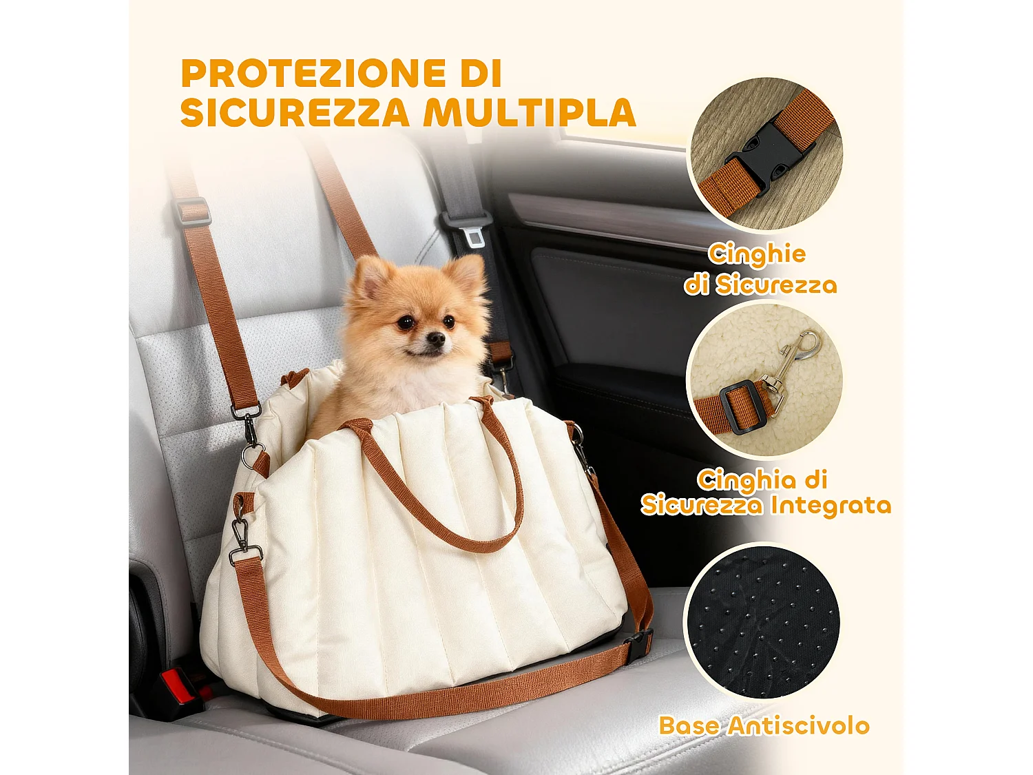 Seggiolino auto per cani piccoli antiscivolo con guinzaglio crema