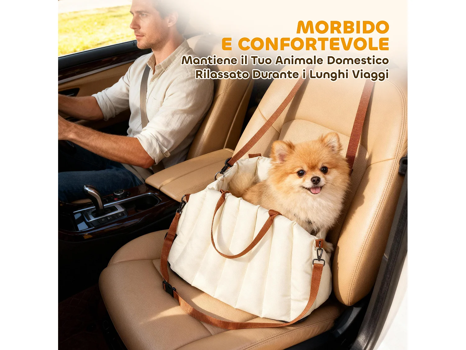 Seggiolino auto per cani piccoli antiscivolo con guinzaglio crema